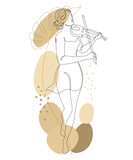 Silhouette of a beautiful woman with a violin or a plant leaf in a modern continuous line style. Violinist girl, slender. Continuous outline for decor, posters, stickers, logo. Vector illustration.
