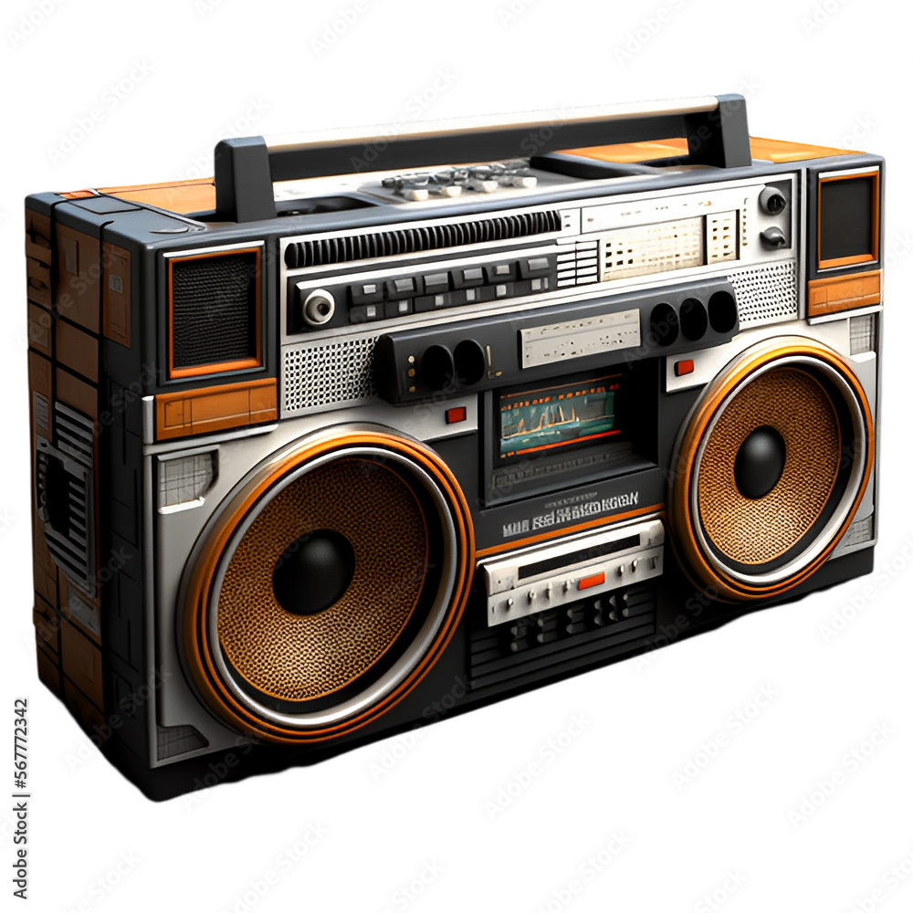 Fototapeta premium Vintage boombox sound system. 1980s Boom Box Cassette Tape Player. Old school vintage radio tape recorder doodle double cassette speaker. Retro technology. AI-generated Content