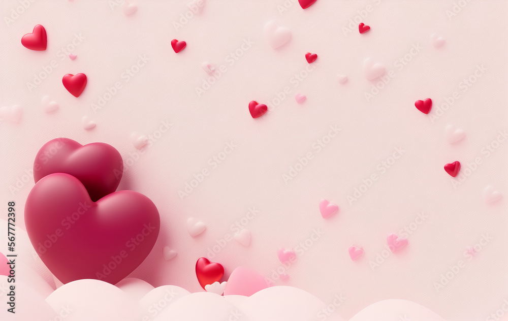 Cute pink hearts Background, 3d render, pastel color palette, 4k