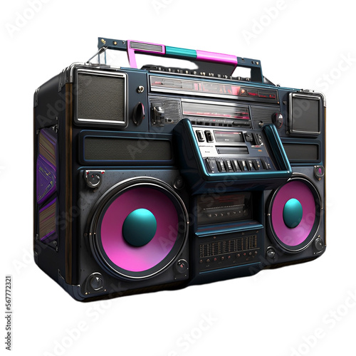 Vintage boombox sound system. 1980s Boom Box Cassette Tape Player. Old school vintage radio tape recorder doodle double cassette speaker. Retro technology. AI-generated Content