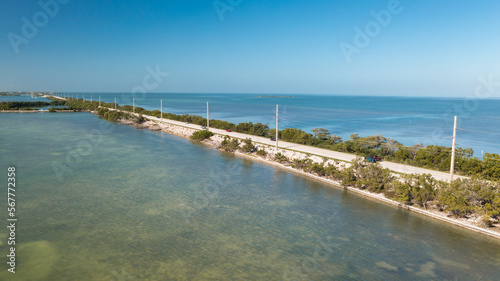 Aerial view roadway along US1 in from Marathon to Key West in Florida Keys.