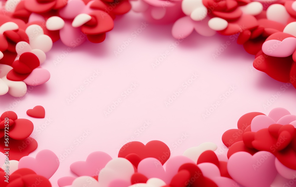 Cute Red hearts Background, 3d render, pastel color palette, 4k