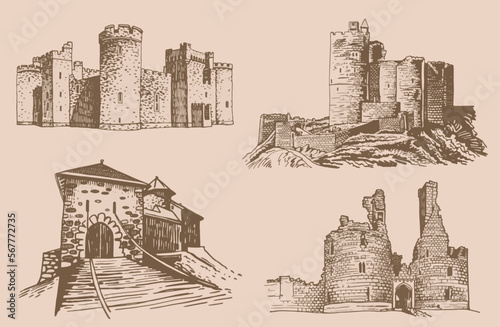 Graphical vintage set of castles on sepia background,vector illustration,architecture