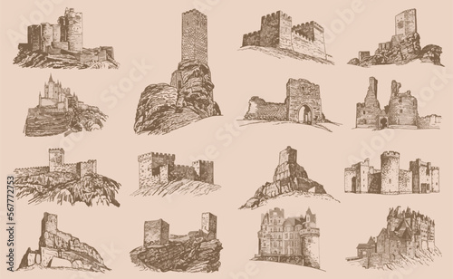 Graphical big vintage  set of medieval catles, vector illustration.Architecture