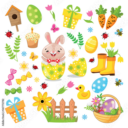 Easter big holiday set with eggs and rabbit in cartoon style. Element for design