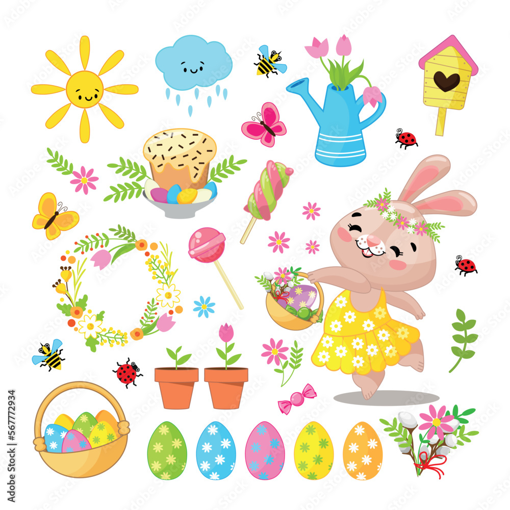 Easter big holiday set with eggs and rabbit in cartoon style. Element for design