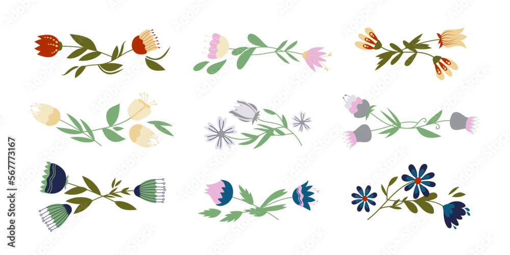 Floral set of flower decorative elements for design and decor. Springtime vector hand drawn flowers compositions. Spring Easter decoration. Set of blossom folk flowers, isolated on white background. Floral set of flower decorative elements for design and decor. Springtime vector hand drawn flowers compositions. Spring Easter decoration. Set of blossom folk flowers, isolated on white background.