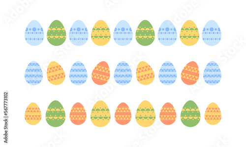 Easter vector borders. Easter egg decorative elements - border lines. Cute illustration for spring festive design and decor, egg hunt. Border line of pastel Easter eggs with geometric pattern.