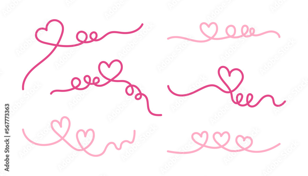 Valentines Day pink heart line set. Cute love decorative elements. Valentine's day hand drawn outline heart lines for romantic event or wedding. Calligraphic romantic heart flourish.