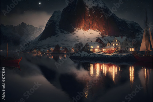 Nordic landscape at night, generative ai