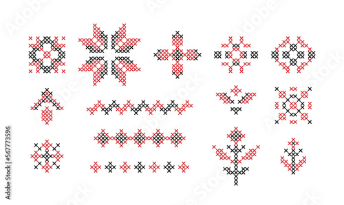 Embroidered pattern, decorative element. Traditional national Ukrainian decorative element. Set illustrations of red and black embroidery. Ukrainian embroidery ornament. Stitches and crosses on canvas
