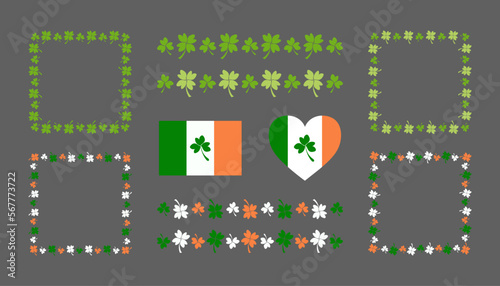 Irish decorative elements on St. Patrick Day - square frame and border line. Traditional leaves - Clover and Shamrock. Irish leves ornament for Saint Patrick's Day. Ireland flag and heart shape icon.