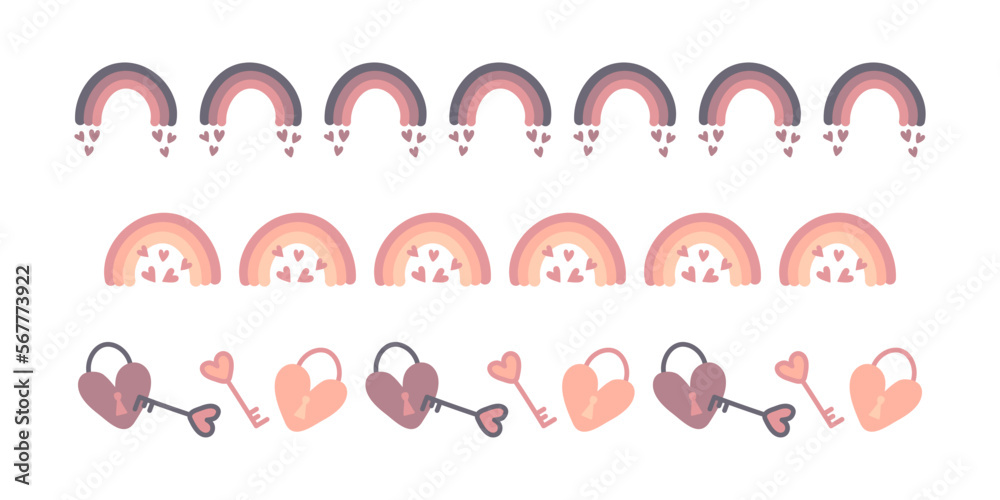 Valentines Day vector borders. Romantic love decorative elements - cute rainbows. Valentine's day cute illustrations. Border line of heart lock with key. Love pink elements for festive design, decor Valentines Day vector borders. Romantic love decorative elements - cute rainbows. Valentine's day cute illustrations. Border line of heart lock with key. Love pink elements for festive design, decor