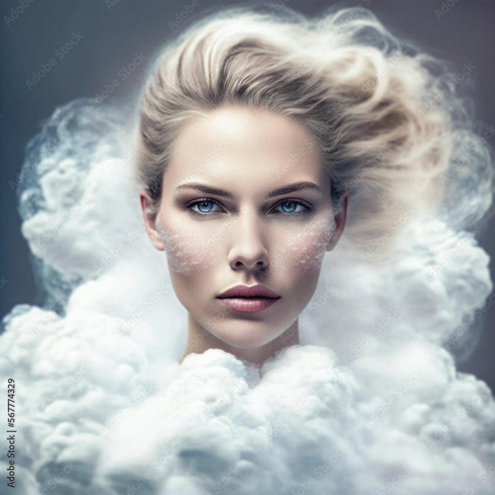 Beauty portrait of blonde woman with delicate makeup with head over the white cloud. Girl looking at the camera. AI generative. 