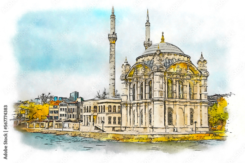 Ortakoy Mosque (Grand Imperial Mosque of Sultan Abdulmecid) in Besiktas, Istanbul, Turkey, is situated at the waterside of the Ortaköy pier square, watercolor sketch illustration.