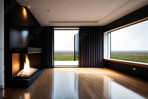 empty room interior with fireplace and panoramic window. generative AI.