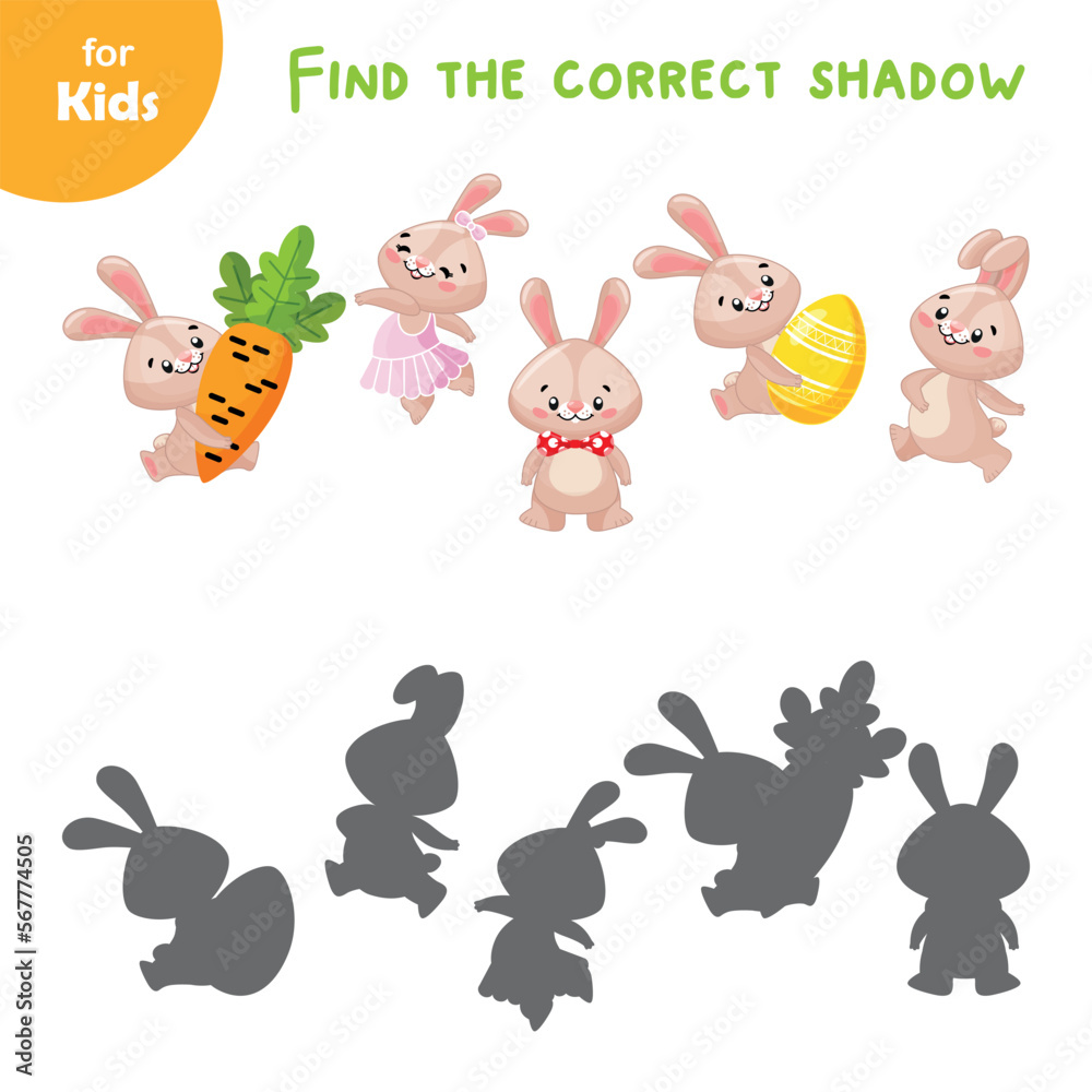 Fototapeta premium Mini game for children. Choose the correct shadow for each rabbit. Happy easter