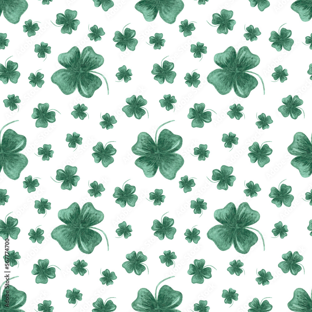 Watercolor hand drawn seamless pattern with green clover leaves on white background. Symbol of good luck with aquarelle shamrock plant leaves. Ireland traditional decor for St. Patrick's Day party. Watercolor hand drawn seamless pattern with green clover leaves on white background. Symbol of good luck with aquarelle shamrock plant leaves. Ireland traditional decor for St. Patrick's Day party.