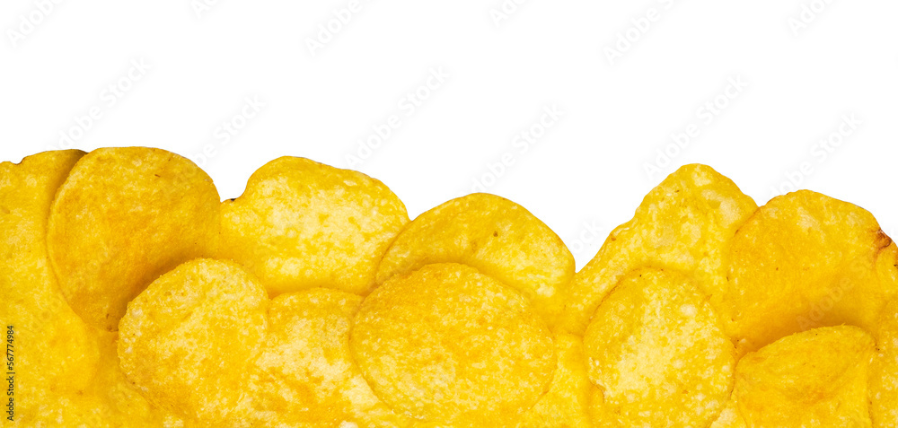 A bottom border from above of a savoury snack of potato chips, crisps, isolated against a transparent background from. A bottom border from above of a savoury snack of potato chips, crisps, isolated against a transparent background from.