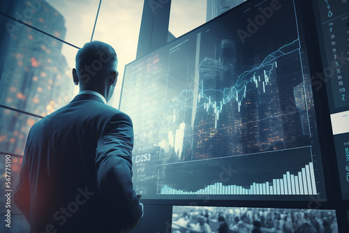 Finance trade manager analysing stock market indicators for best investment strategy, financial data and charts with business buildings in background, futuristic style