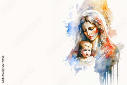 Mary and Jesus White background banner art  Generative Ai