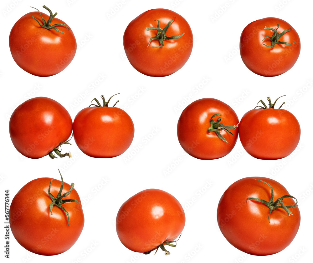 Tomato isolate. Tomato on white background. Tomatoes top view, side view. With clipping path. Tomato isolate. Tomato on white background. Tomatoes top view, side view. With clipping path.