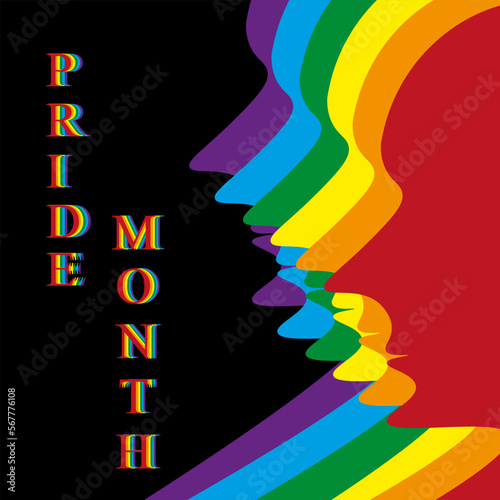 Colorful pride month banner with rainbow silhouettes of people on black background with inscription. LGBT concept.