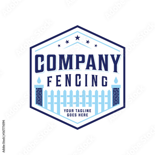 Professional fence company logo vintage isolated, fencing logo emblem vector design in blue color