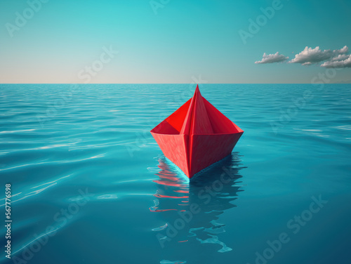 A lonely red paper ship sailing the ocean. Created with Generative AI.