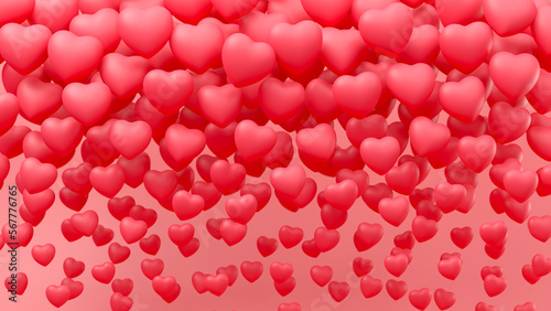 Flying many red hearts background. Valentine day backdrop. 3d render illustration