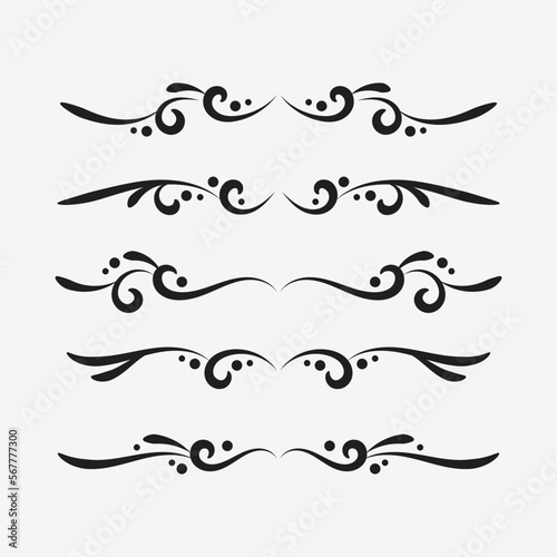 Set of ornamental filigree flourishes and thin dividers. Classical vintage elements, vector illustration