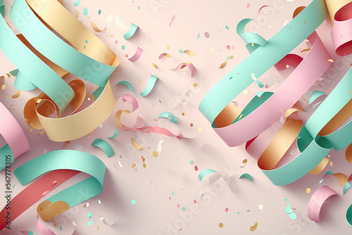 Festive background with serpentine and confetti. pastel colors. AI generated.