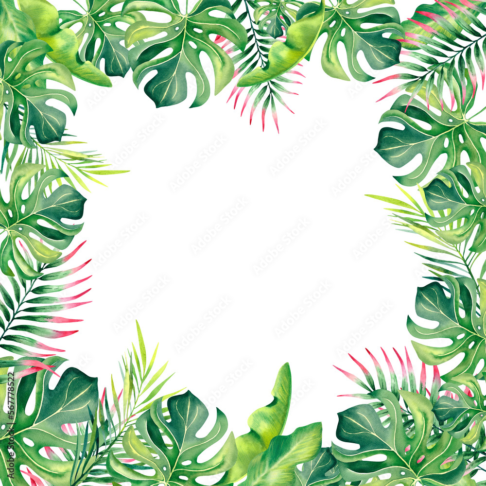 A frame made of tropical plants. Monstera, palm branch, strelitzia, banana leaves. Watercolor illustration. A frame made of tropical plants. Monstera, palm branch, strelitzia, banana leaves. Watercolor illustration.