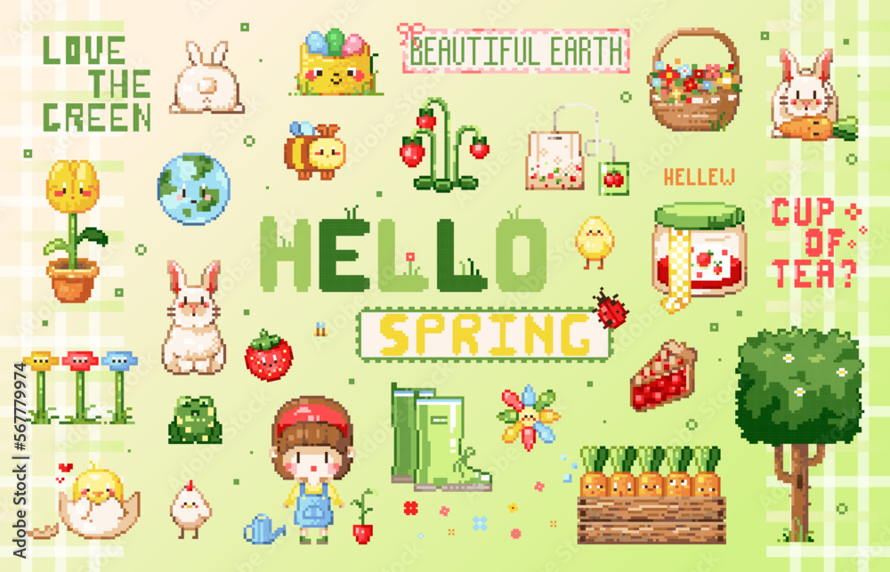 Pixel art Cute spring easter set. 8 bit video game assets, elements and stickers - bunny, chickens, easter eggs, jam, berries, pie, cake, basket of flowers, garden. Vector cute pixel art collection.