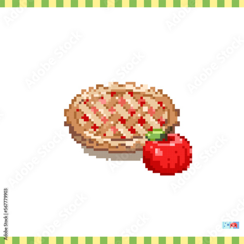 Pixel art apple pie icon. Vector 8 bit style illustration of sweet dessert cake. Cute decorative sweet food element of retro video game computer graphic for game asset, sprite, sticker or web.