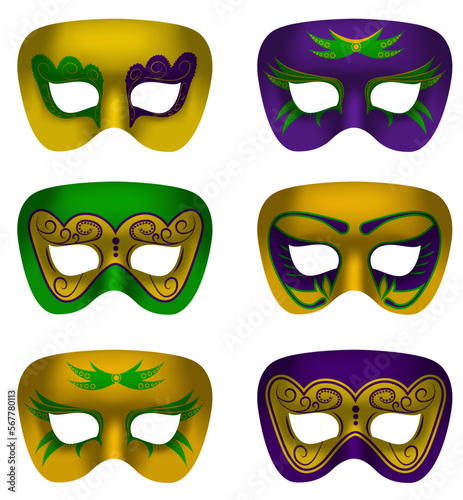 Set of Mardi gras masks on white background. Vector illustration