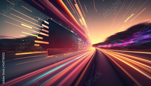 Speeding Sports Car On Neon Highway. Powerful acceleration of a supercar on a night track with colorful lights and trails.