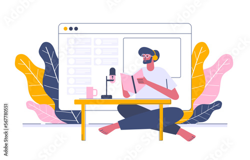 Working as radio jockey web template, cartoon style Screen web template for mobile phone, landing page, template, UI, web, mobile app, poster, banner, flat Vector illustration