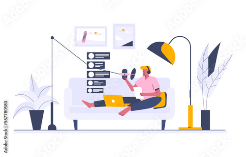 Working as radio jockey web template, cartoon style Screen web template for mobile phone, landing page, template, UI, web, mobile app, poster, banner, flat Vector illustration