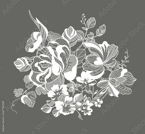 Lace flowers and foliage. Vector illustration, bouquet.