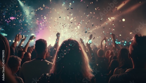 Excited audience watching confetti fireworks and having fun at music festival at night.
