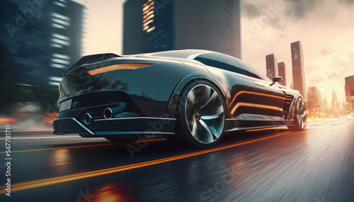 High speed luxury driving in the city - futuristic car concept.
