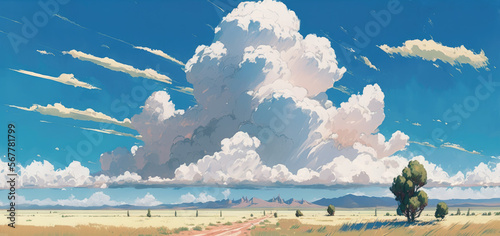 Picturesque panorama of distant dormant volcanic mountain range  majestic cumulus clouds high above in blue sky  gorgeous warm and sunny summers day - generative AI illustration.  