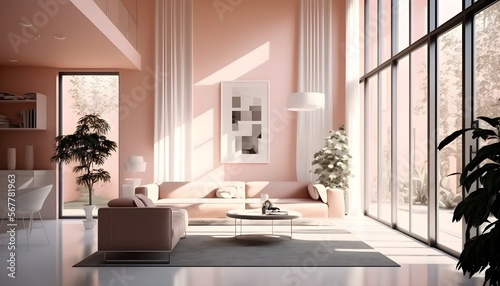 ピーチ ピンクの家具、ジェネレーティブ ai、家具付きのモダンなミニマリスト建築のオフィス インテリアを備えたモダンなリビング ハウス, generative ai © DurffeeMill