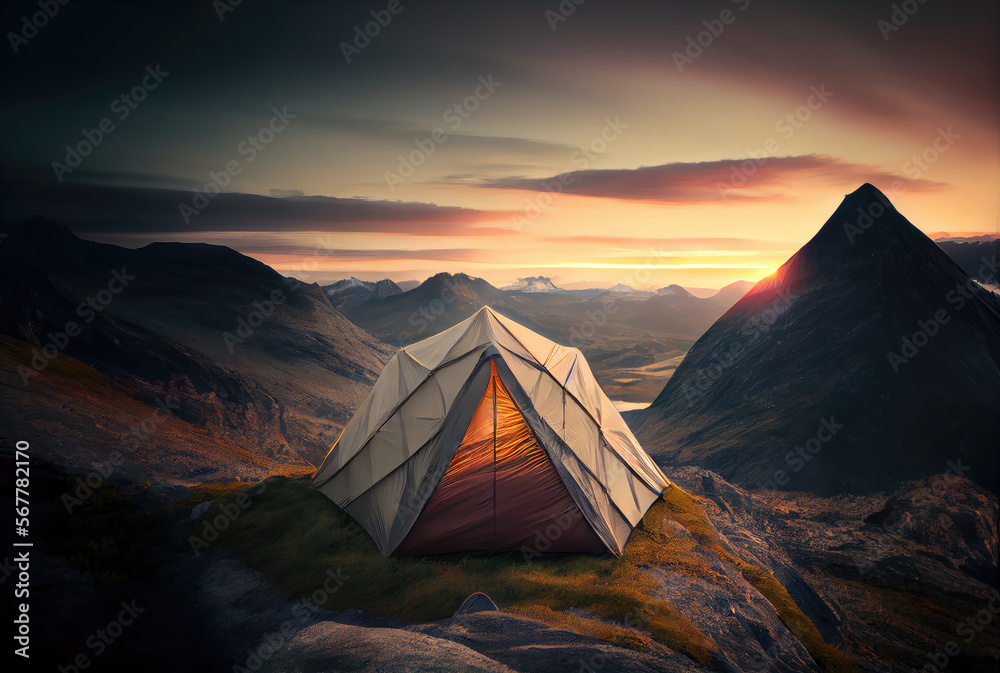 Tent in the mountains, lights are on inside, sunset or dawn, travel background. Generative AI