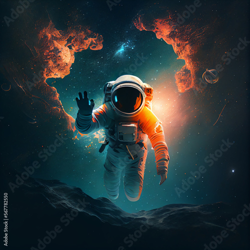 Waving Hand Cosmonaut. 3D illustration of science fiction scene with astronaut floating in outer space reaching with open hand towards viewer. Generative Ai. © ckybe