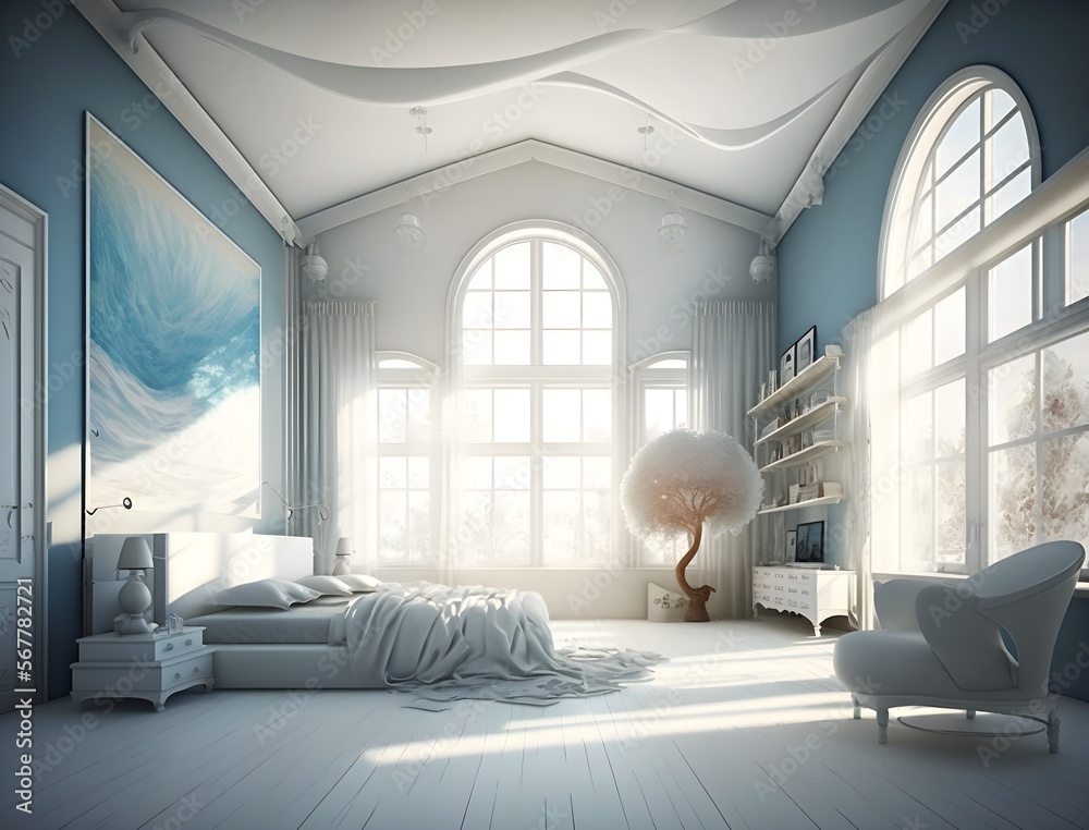 Modern open large window living room with blue furniture, generative ai ...
