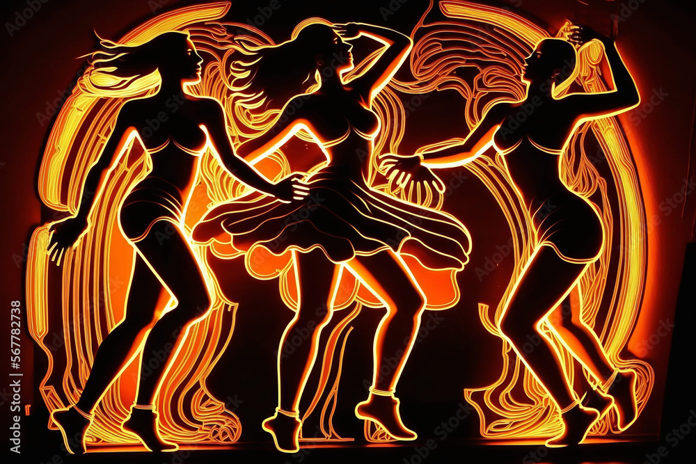 neon silhouettes of dancing people on a black background