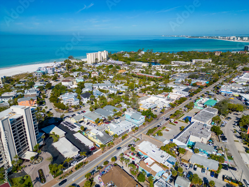 Aerial photo businesses and tourist shops restaurants on Ocean Boulevard Siesta Key FL USA photo