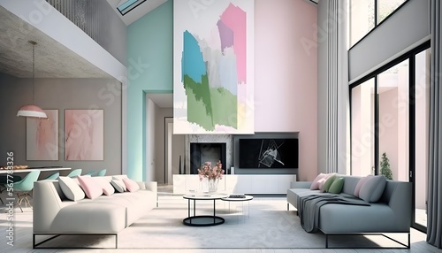 Modern living room with pastell colors furniture, generative ai, modern minimalist architecture office interior with furniture 